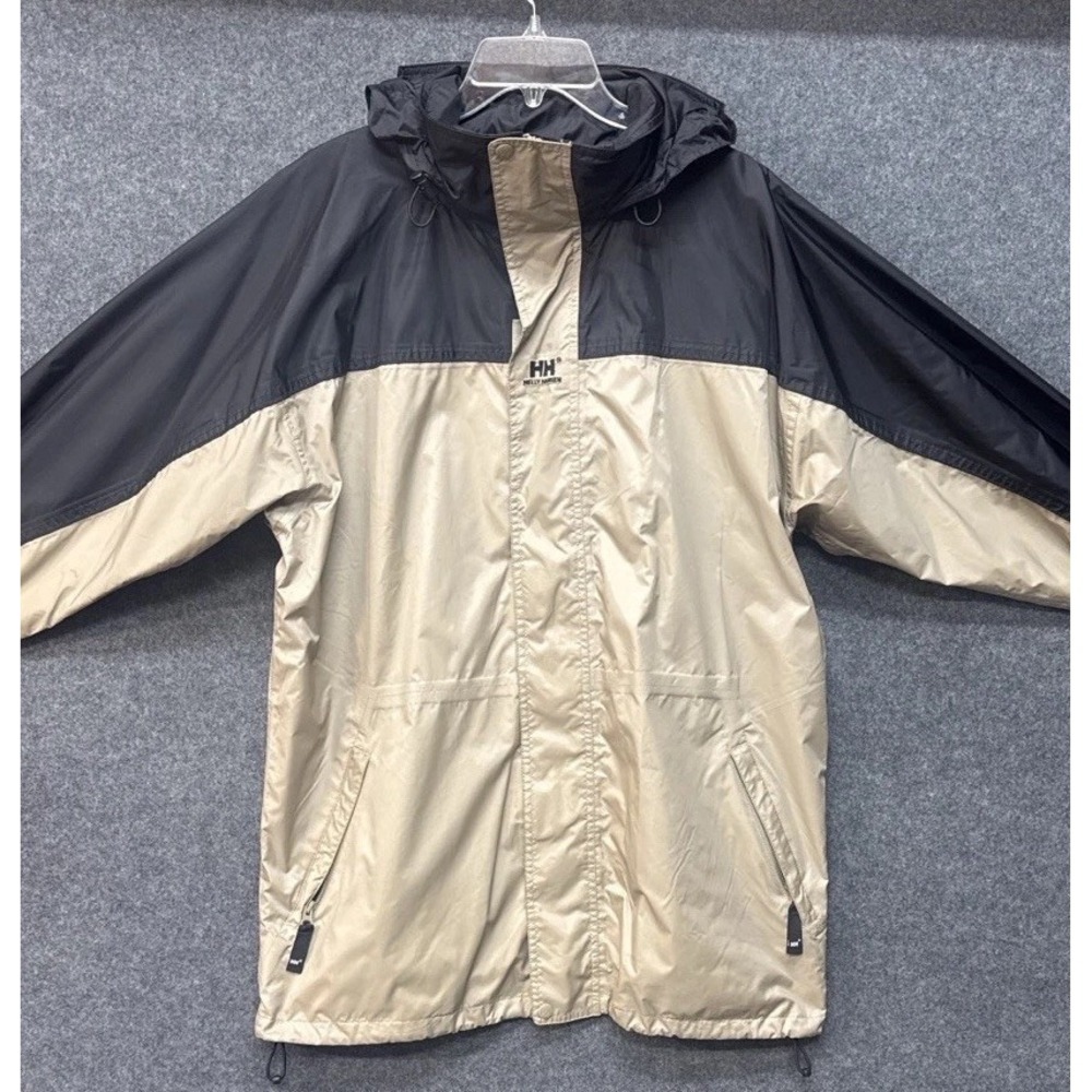 Helly Hansen Men's Large Black Tan Hooded Rain Jacket Windbreaker Outdoor